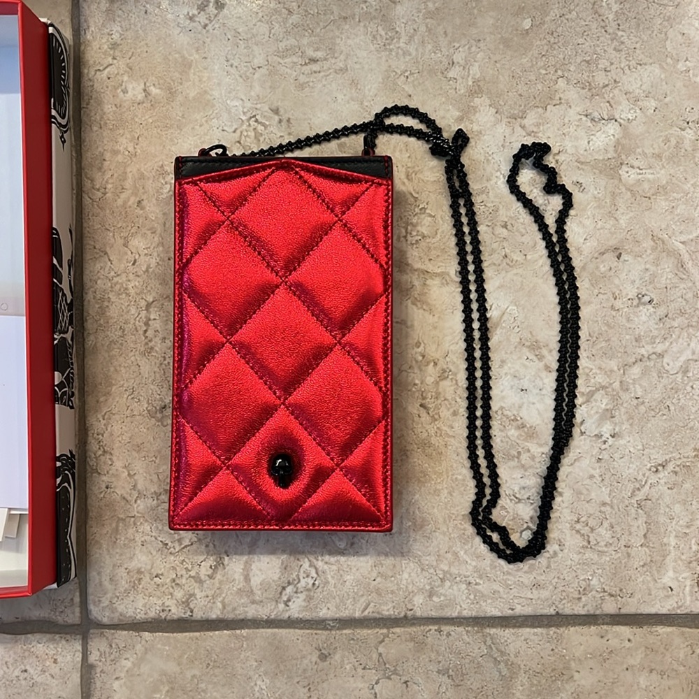 Alexander McQueen gently used skull quilted leather phone holder on chain Red